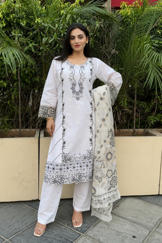 White Embroidered Lawn Kurta Set Online in Dubai UAE Abudhabi Ajman Sharjah
