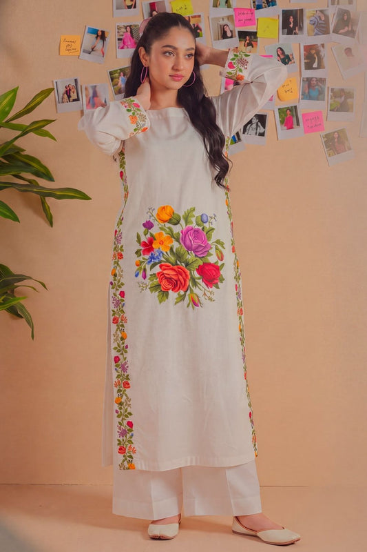 White Embroidered Lawn Straight Kurta Online in Dubai UAE Abudhabi Ajman Sharjah
