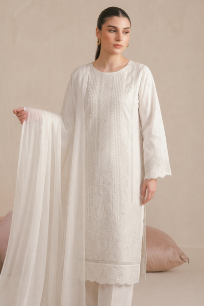 White Embroidered Lawn Suit with Chiffon Dupatta Online in Dubai UAE Abudhabi Ajman Sharjah
