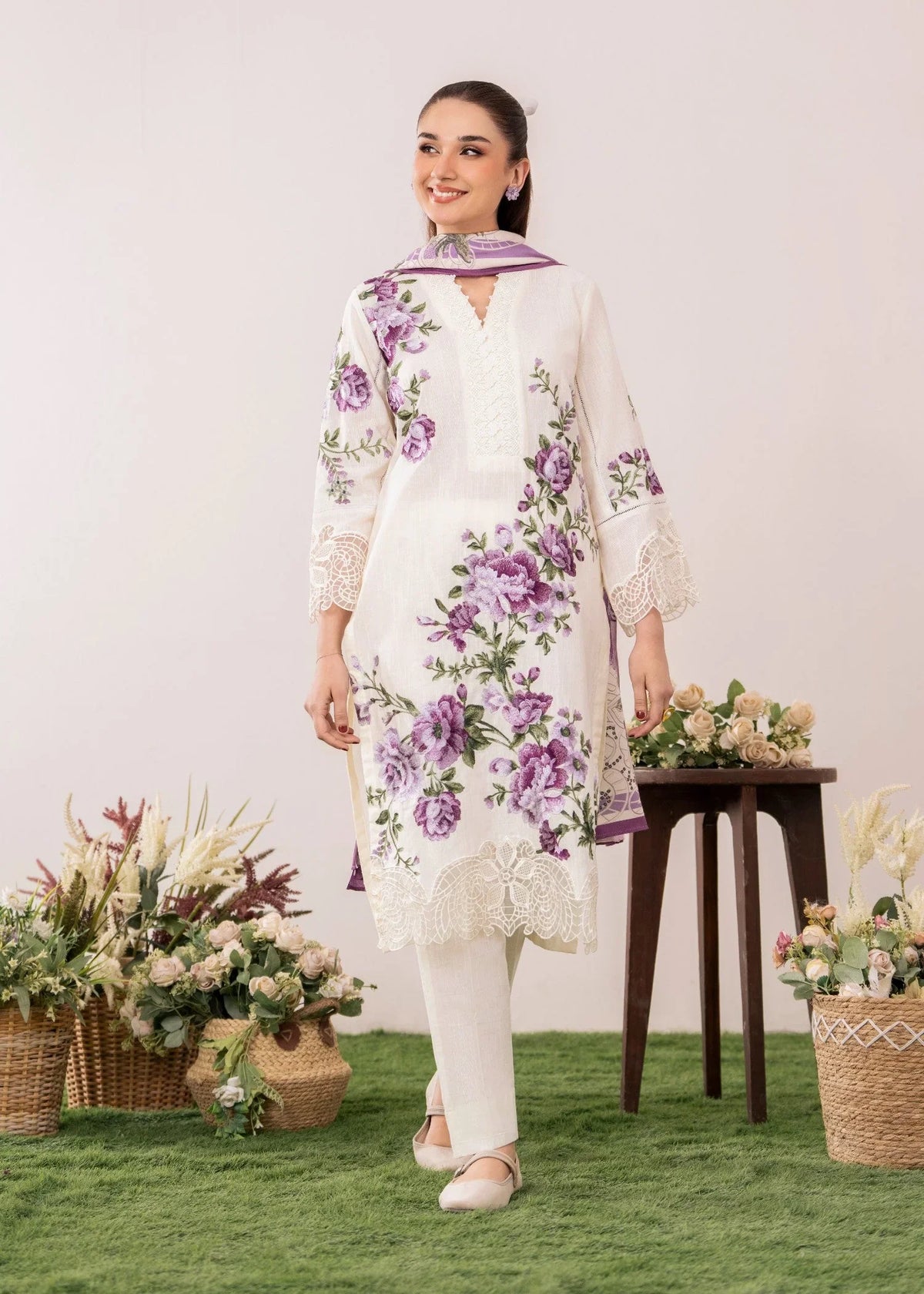 White Embroidered Linen Designer Salwar Kameez Online in UK USA Canada