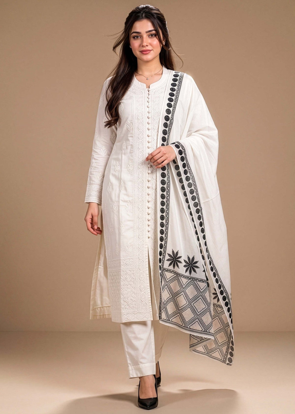 White Embroidered Linen Pakistani Suit Online in UK USA Canada