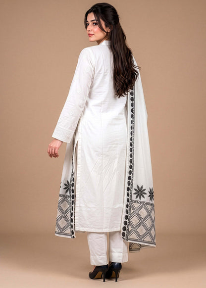 White Embroidered Linen Salwar Suit Online in Dubai DXB UAE Abudhabi Meena Bazaar