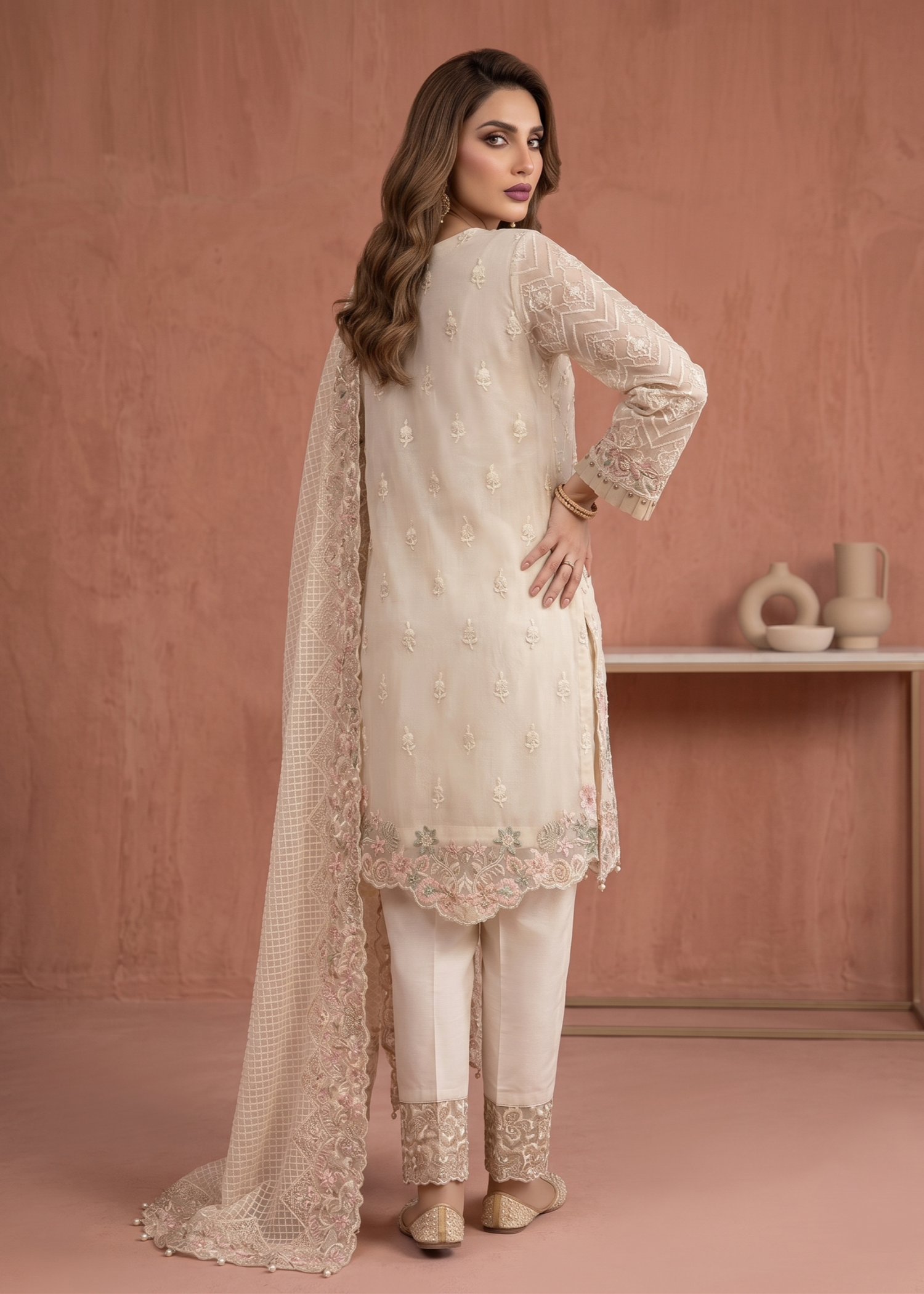 White Embroidered Organza Pakistani Festive Suit Online in Dubai DXB UAE Abudhabi Meena Bazaar