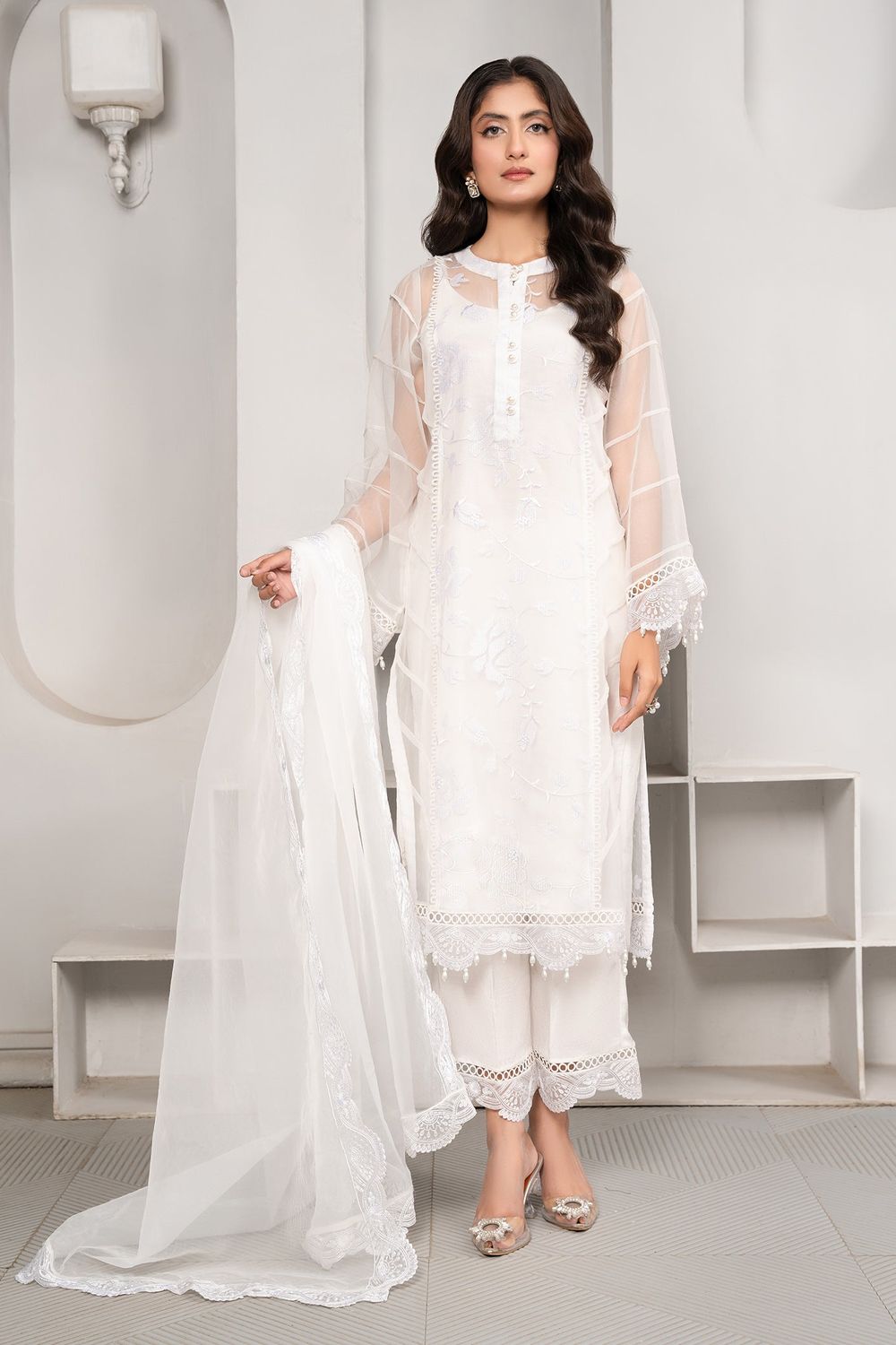 White Embroidered Organza Partywear Suit Online in Dubai UAE Abudhabi Ajman Sharjah