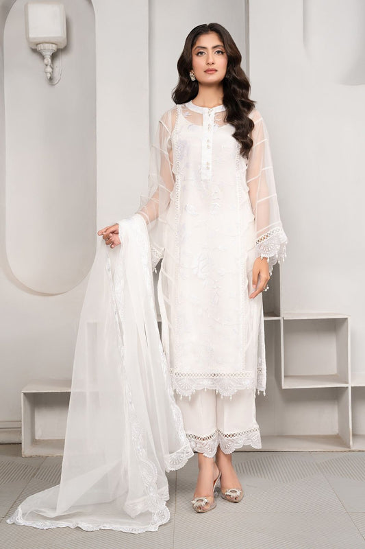 White Embroidered Organza Partywear Suit Online in Dubai UAE Abudhabi Ajman Sharjah