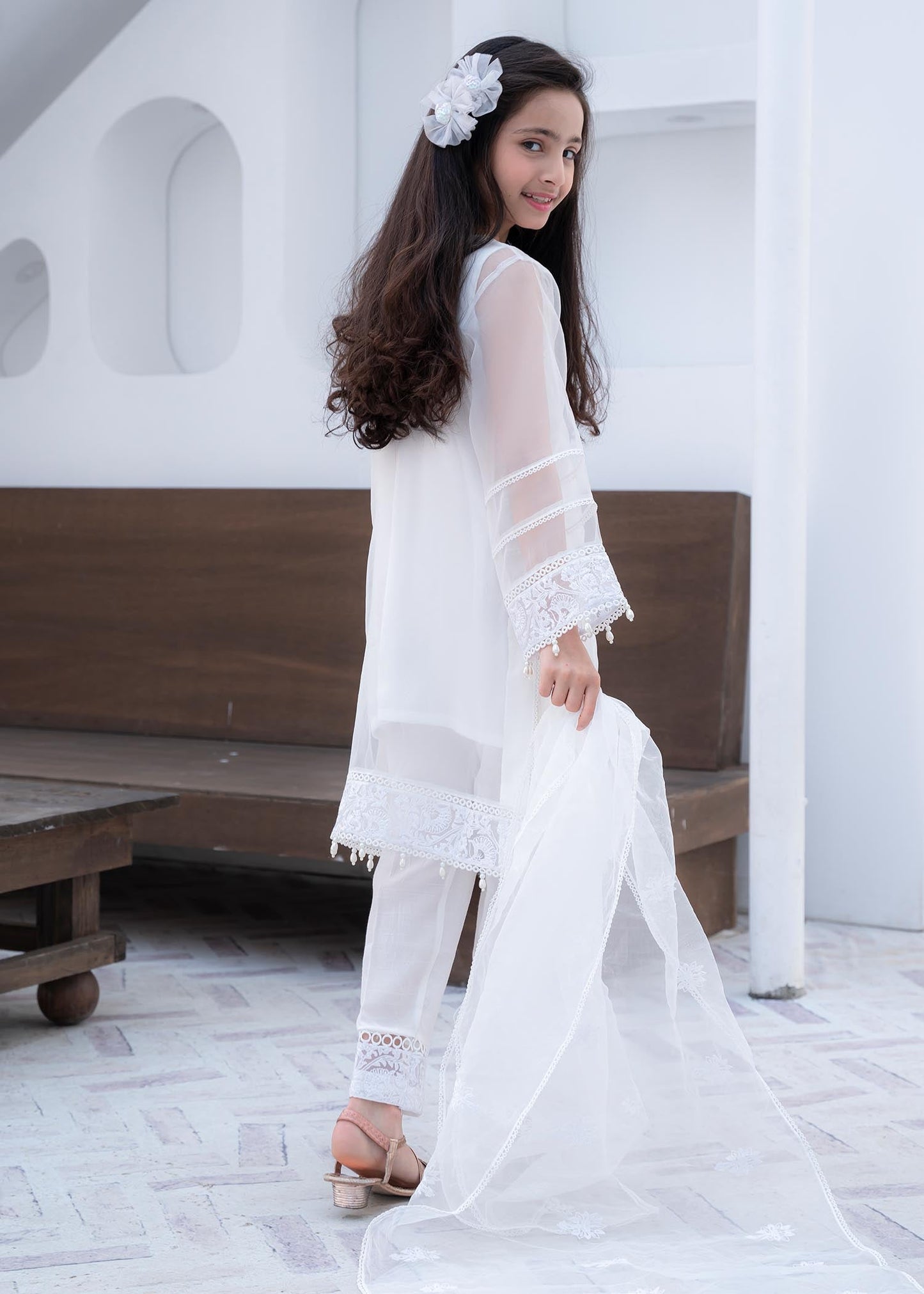 White Embroidered Organza Partywear Suit Online in UK USA Canada