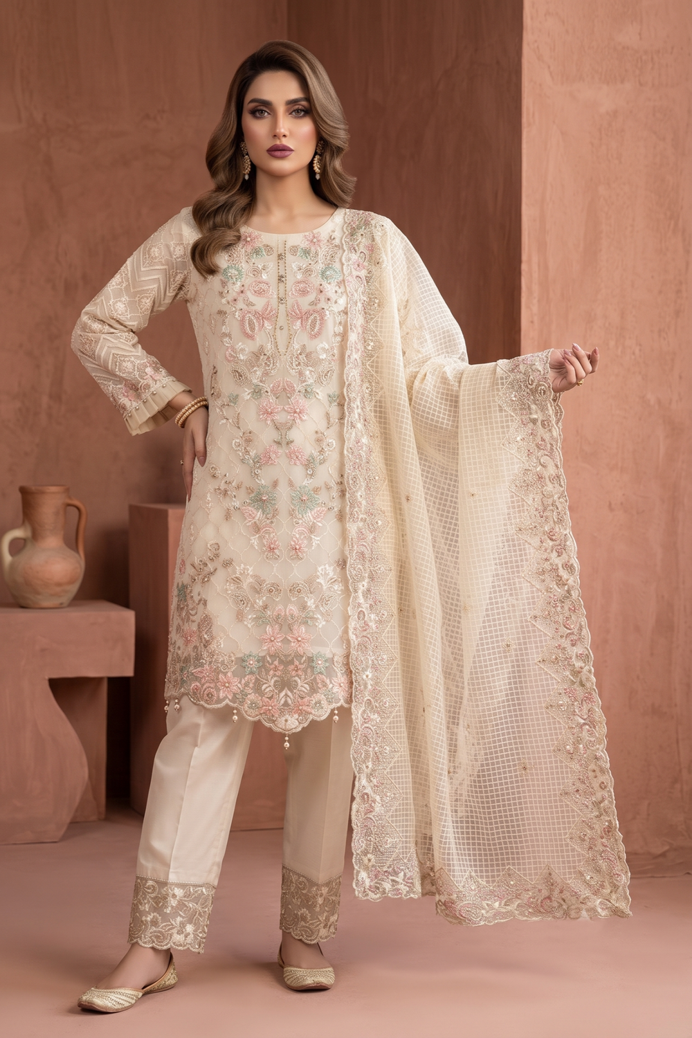 White Embroidered Organza Salwar Kameez Online in Dubai UAE Abudhabi Ajman Sharjah