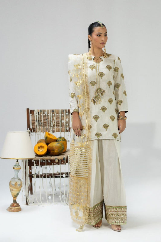 White Embroidered Raw Silk Farshi Shalwar Suit Online in Dubai UAE Abudhabi Ajman Sharjah
