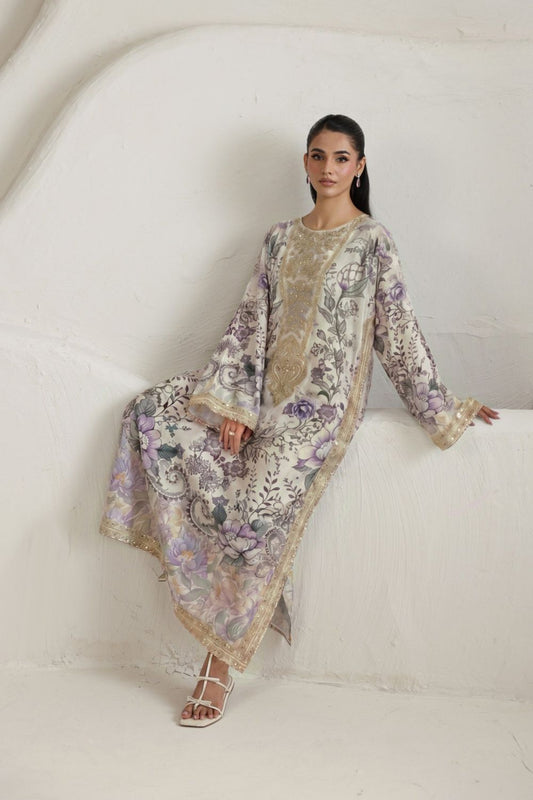 White Embroidered Raw Silk Kaftan Gown Online in Dubai UAE Abudhabi Ajman Sharjah