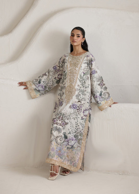White Embroidered Raw Silk Kaftan Online in Sri Lanka India Australia