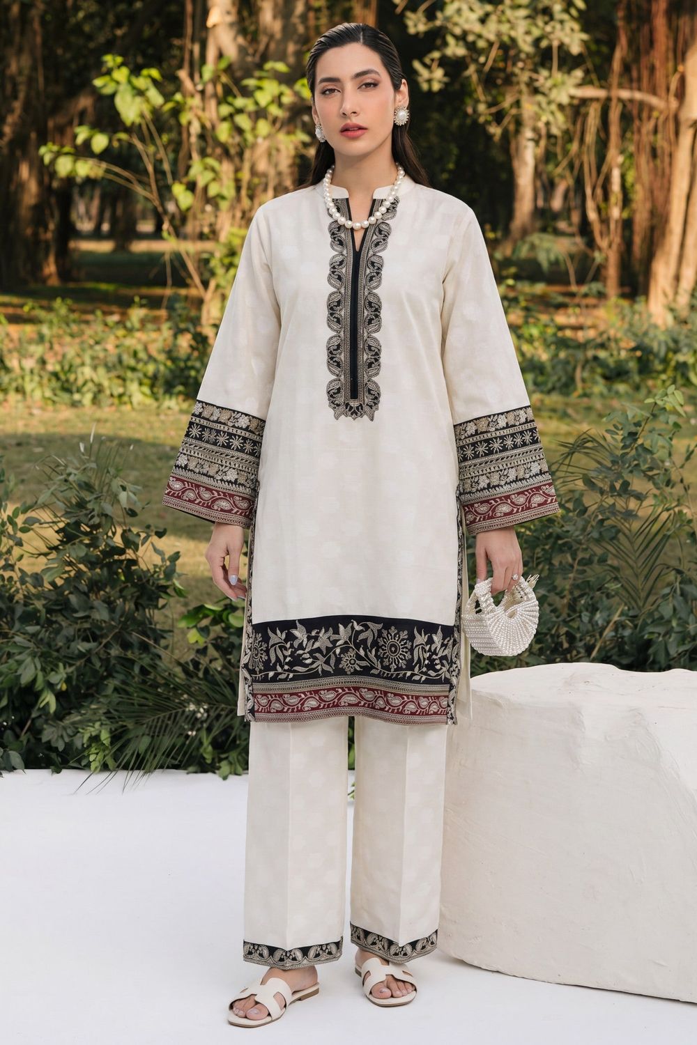 White Embroidered Self Jacquard Salwar Kameez Online in Dubai UAE Abudhabi Ajman Sharjah