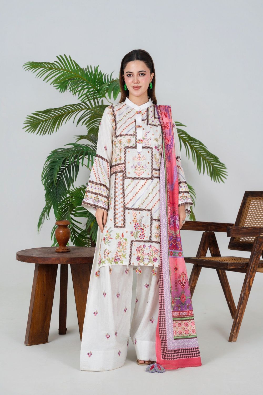 White Embroidered Silk Farshi Shalwar Suit Online in Dubai UAE Abudhabi Ajman Sharjah
