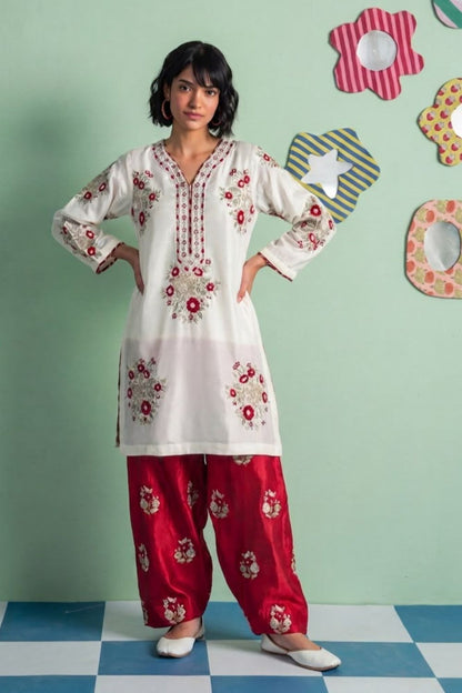 White Embroidered Tussar Silk Kurta Shalwar Online in Dubai UAE Abudhabi Ajman Sharjah