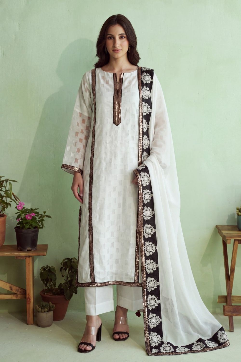 White Embroidered Tussar Silk Salwar Kameez Online in Dubai UAE Abudhabi Ajman Sharjah