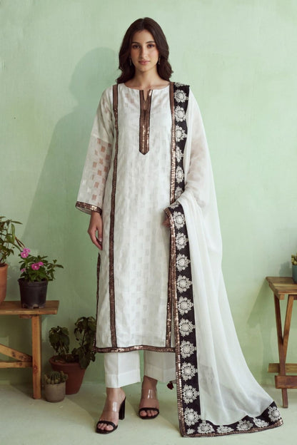 White Embroidered Tussar Silk Salwar Kameez Online in Dubai UAE Abudhabi Ajman Sharjah