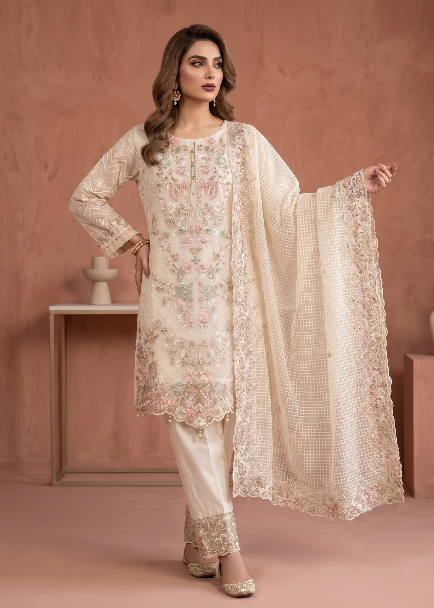White Festive Embroidered Organza Suit Online in Sri Lanka India Australia