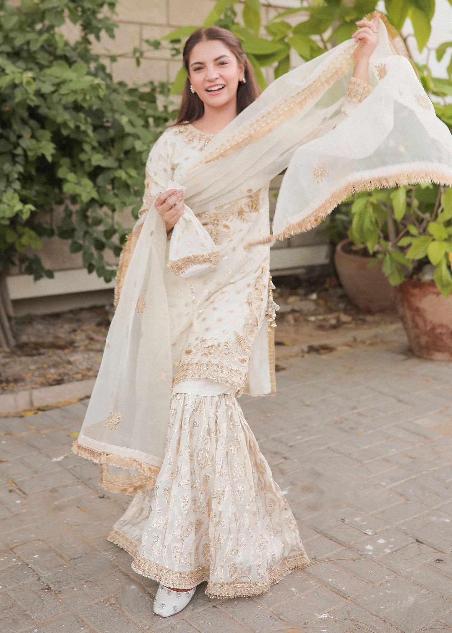 White Festive Gharara Suit Embellished Organza Online in Dubai UAE Abudhabi Ajman Sharjah