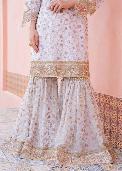 White Gold Embroidered Organza Sharara Suit Online in Dubai DXB UAE Abudhabi Meena Bazaar
