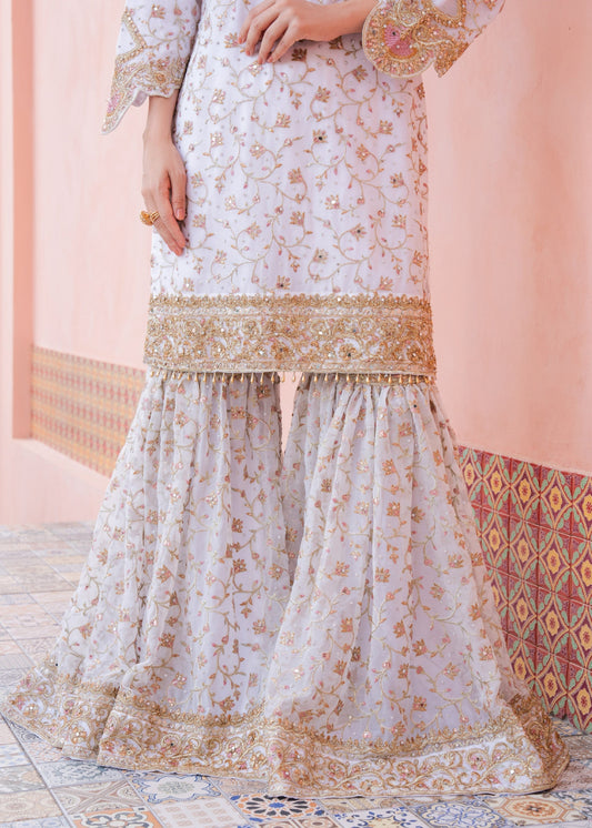 White Gold Embroidered Organza Sharara Suit Online in Dubai DXB UAE Abudhabi Meena Bazaar