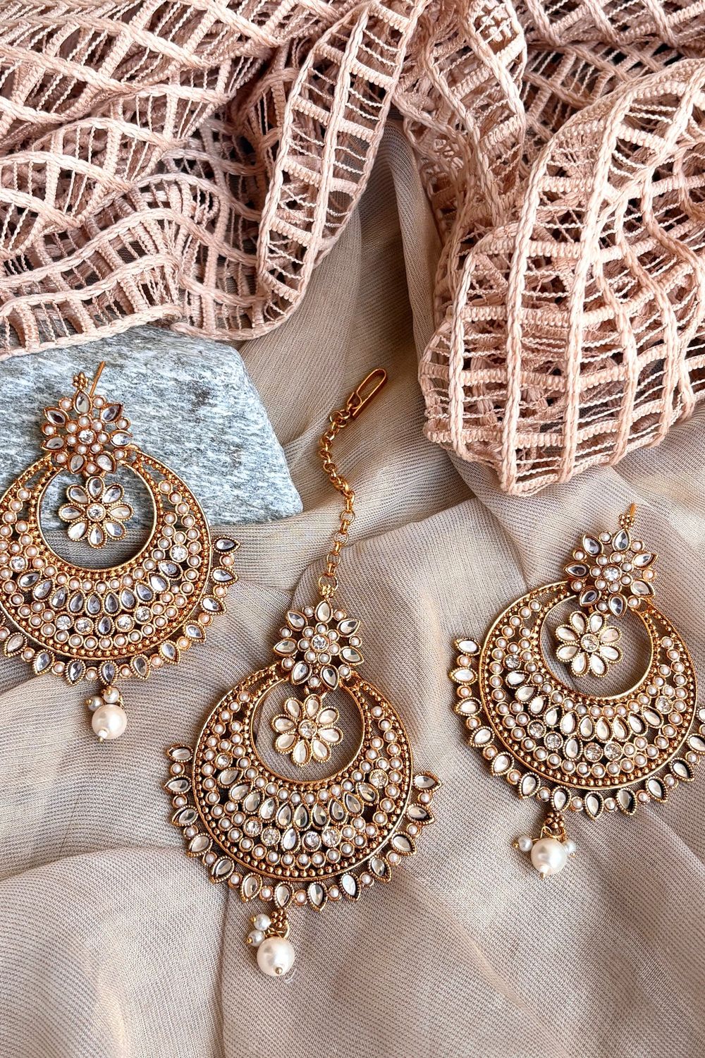 White Gold Plated Earrings Tikka Set Online in Dubai UAE Abudhabi Ajman Sharjah