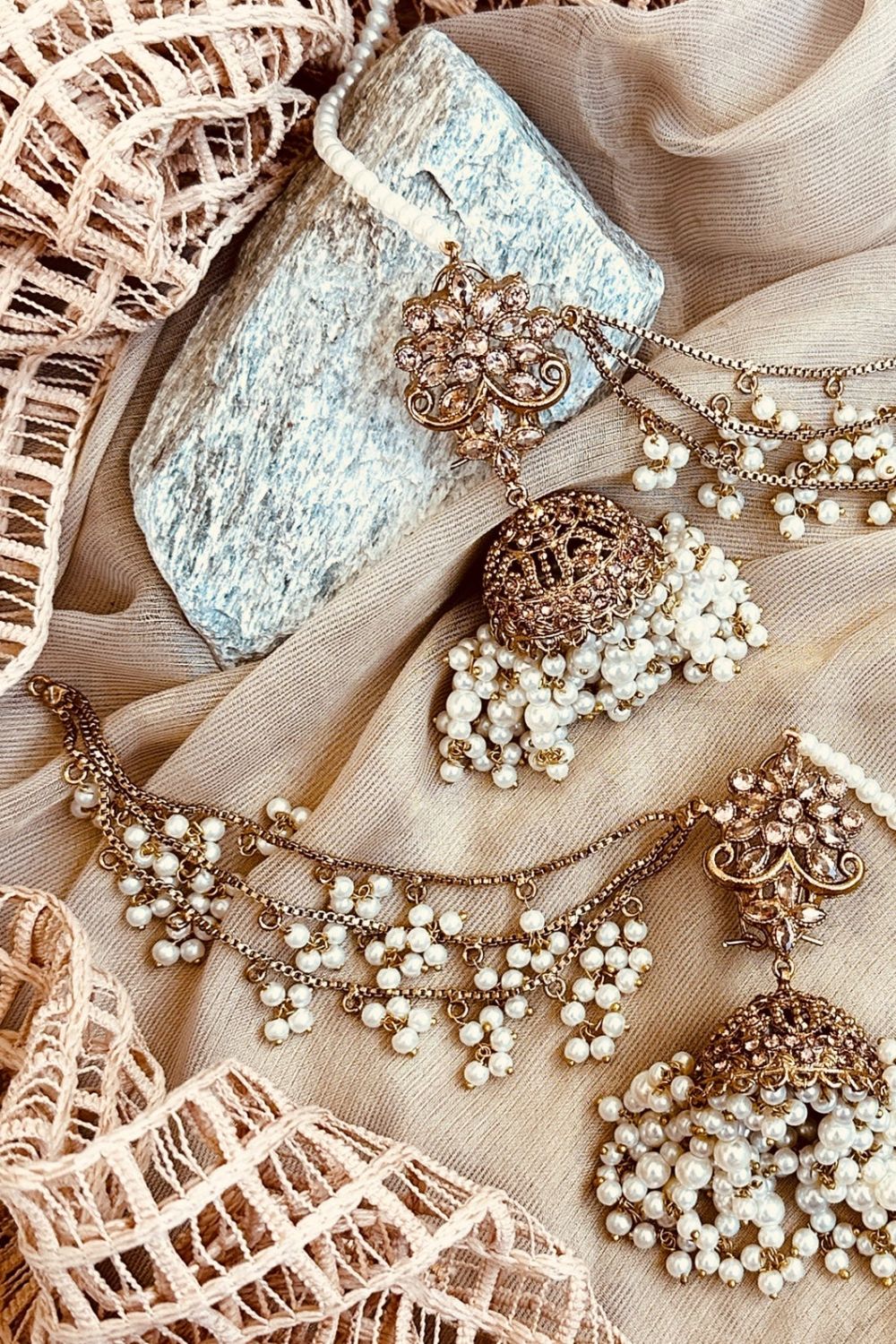White Gold Plated Jhumki Tikka Bridal Jewellery Set Online in Dubai UAE Abudhabi Ajman Sharjah