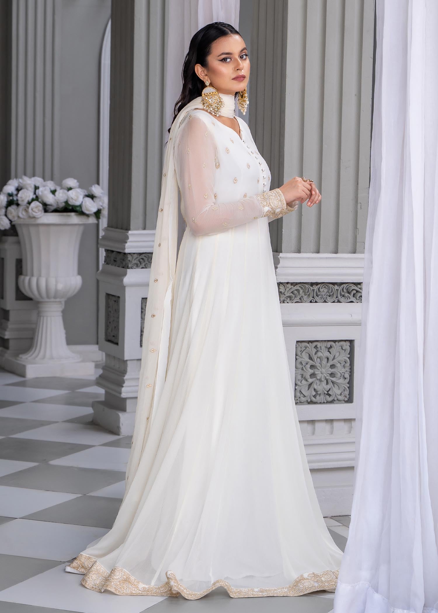 White Gold Tilla Border Chiffon Pishwas Online in Dubai DXB UAE Abudhabi Meena Bazaar