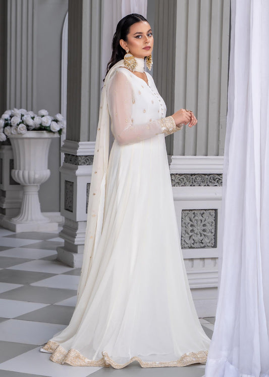 White Gold Tilla Border Chiffon Pishwas Online in Dubai DXB UAE Abudhabi Meena Bazaar