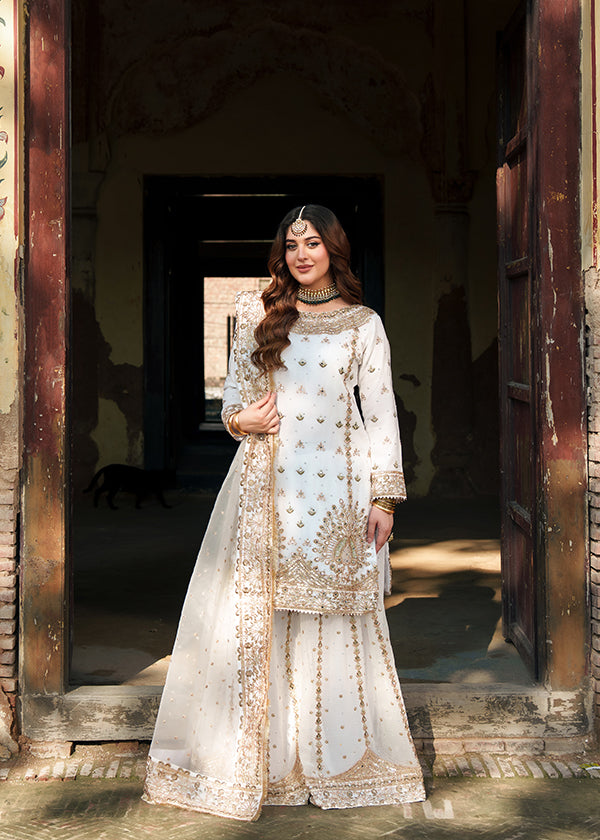 White Hand Embroidered Chiffon Wedding Outfit Online in Dubai DXB UAE Abudhabi Meena Bazaar