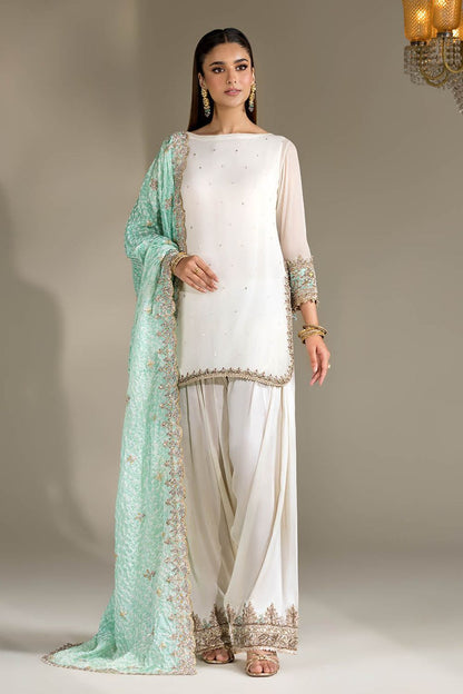 White Hand Embroidered Crinkle Chiffon Farshi Salwar Kameez Online in Dubai UAE Abudhabi Ajman Sharjah