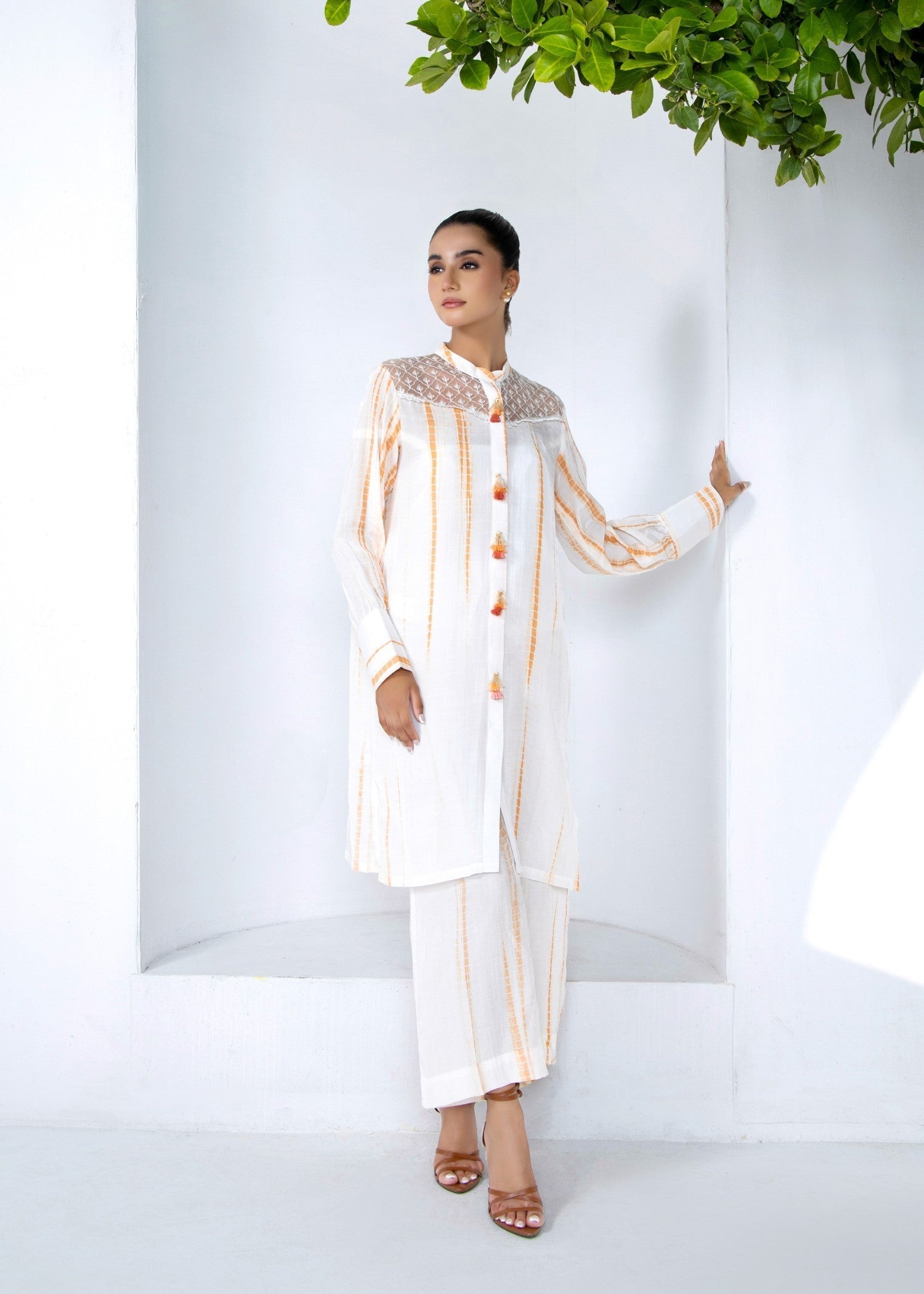 White Lined Embroidered Raw Silk Straight Kurta Suit Online in Dubai UAE Abudhabi Ajman Sharjah
