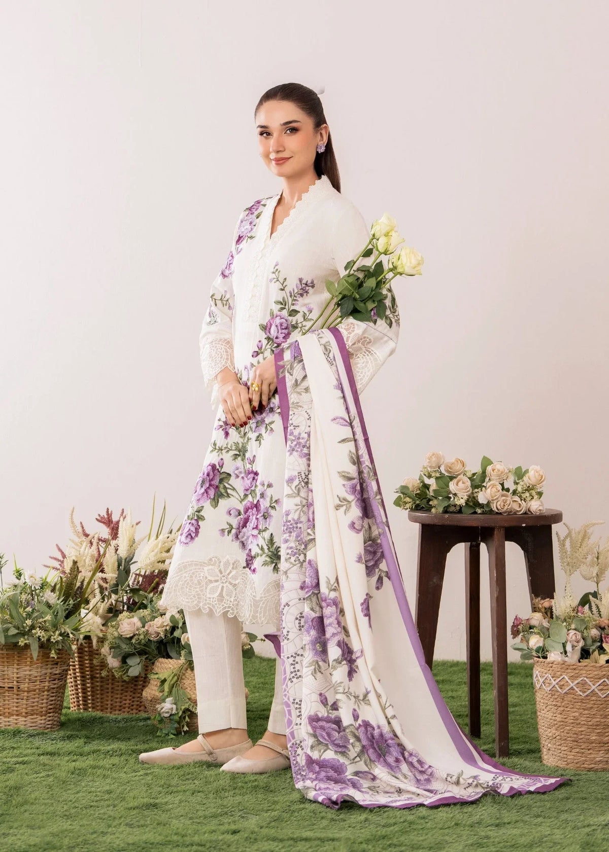 White Linen 3 Piece Suit with Dupatta Online in Sri Lanka India Australia