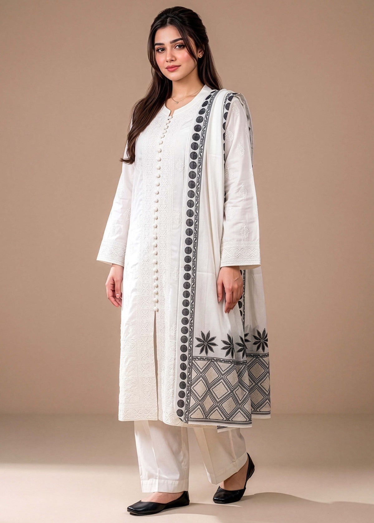 White Linen Straight Kurta with Trouser and Dupatta Online in Sri Lanka India Australia
