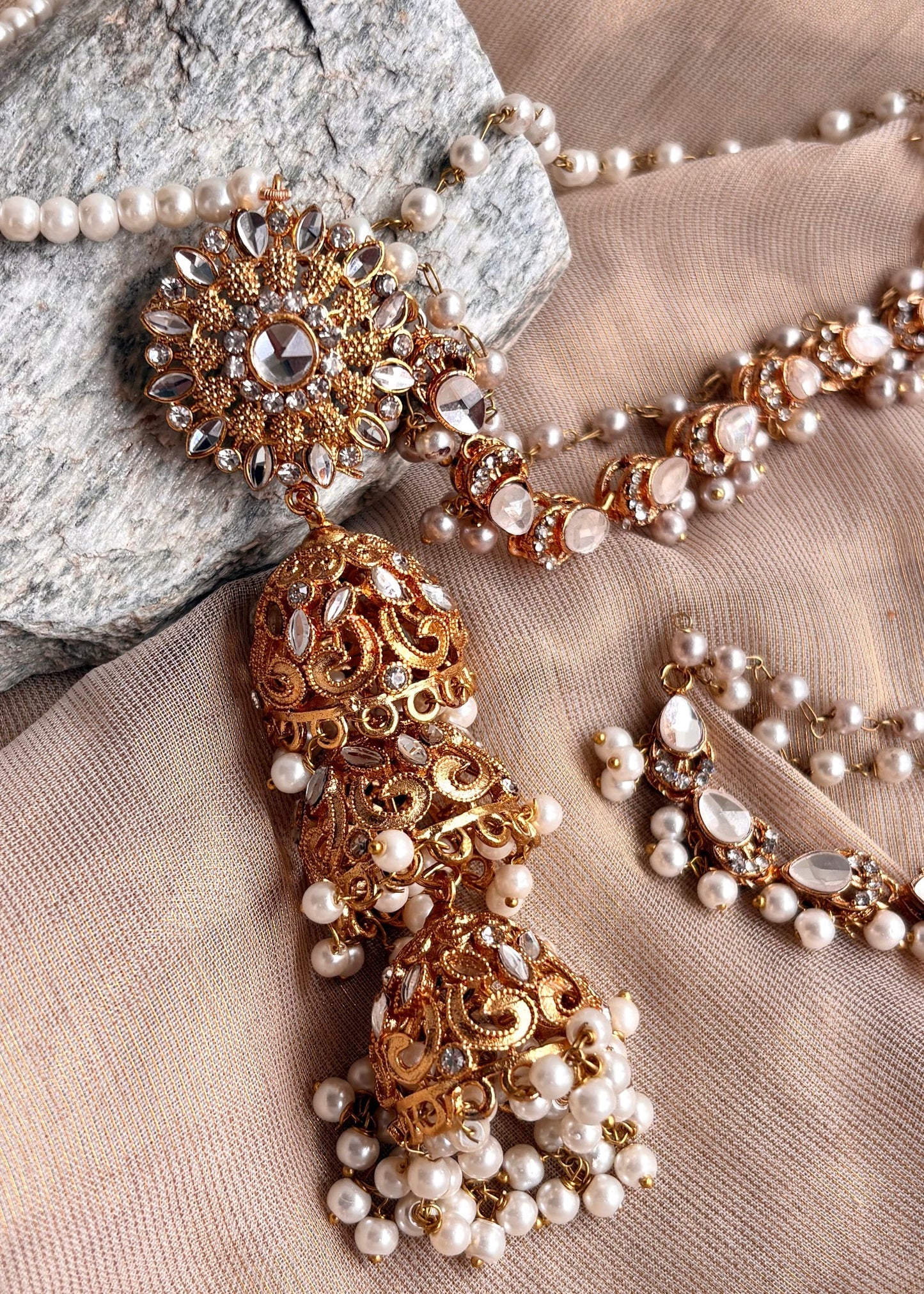 White Metal Jhumka Earrings with Sahara Chains Online in UK USA Canada