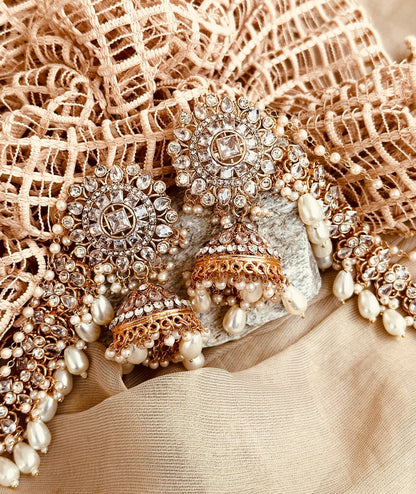 White Metal Jhumka Earrings with Stone Work Online in UK USA Canada