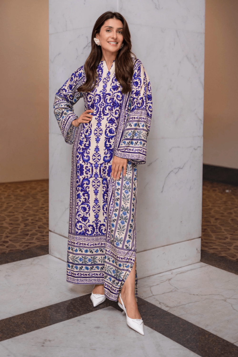 White Navy Blue Raw Silk Asymmetrical Kaftan Online in Dubai UAE Abudhabi Ajman Sharjah