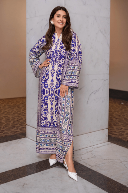 White Navy Blue Raw Silk Asymmetrical Kaftan Online in Dubai UAE Abudhabi Ajman Sharjah
