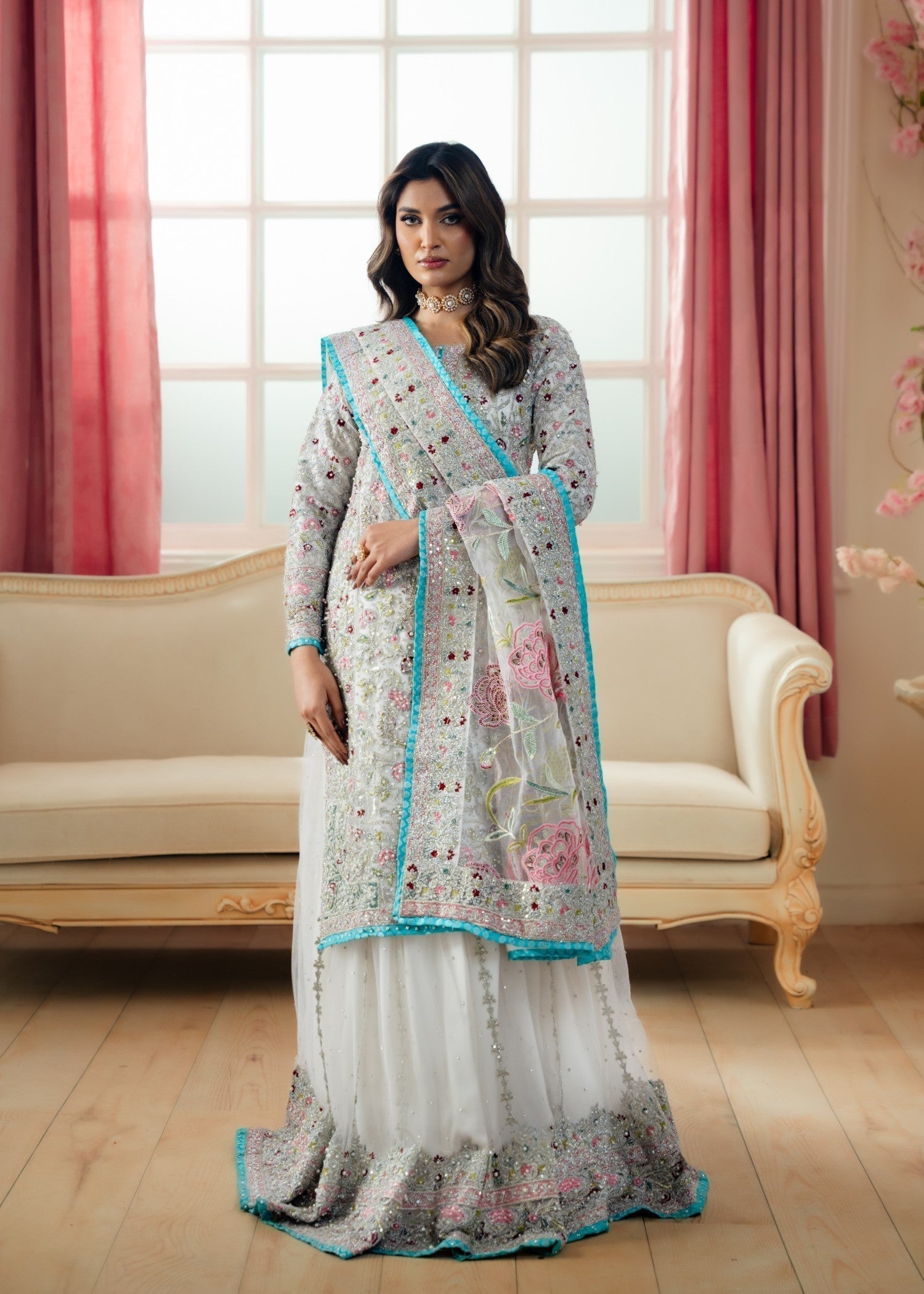 White Net Flared Lehenga Pakistani Wedding Dress Online in Dubai DXB UAE Abudhabi Meena Bazaar
