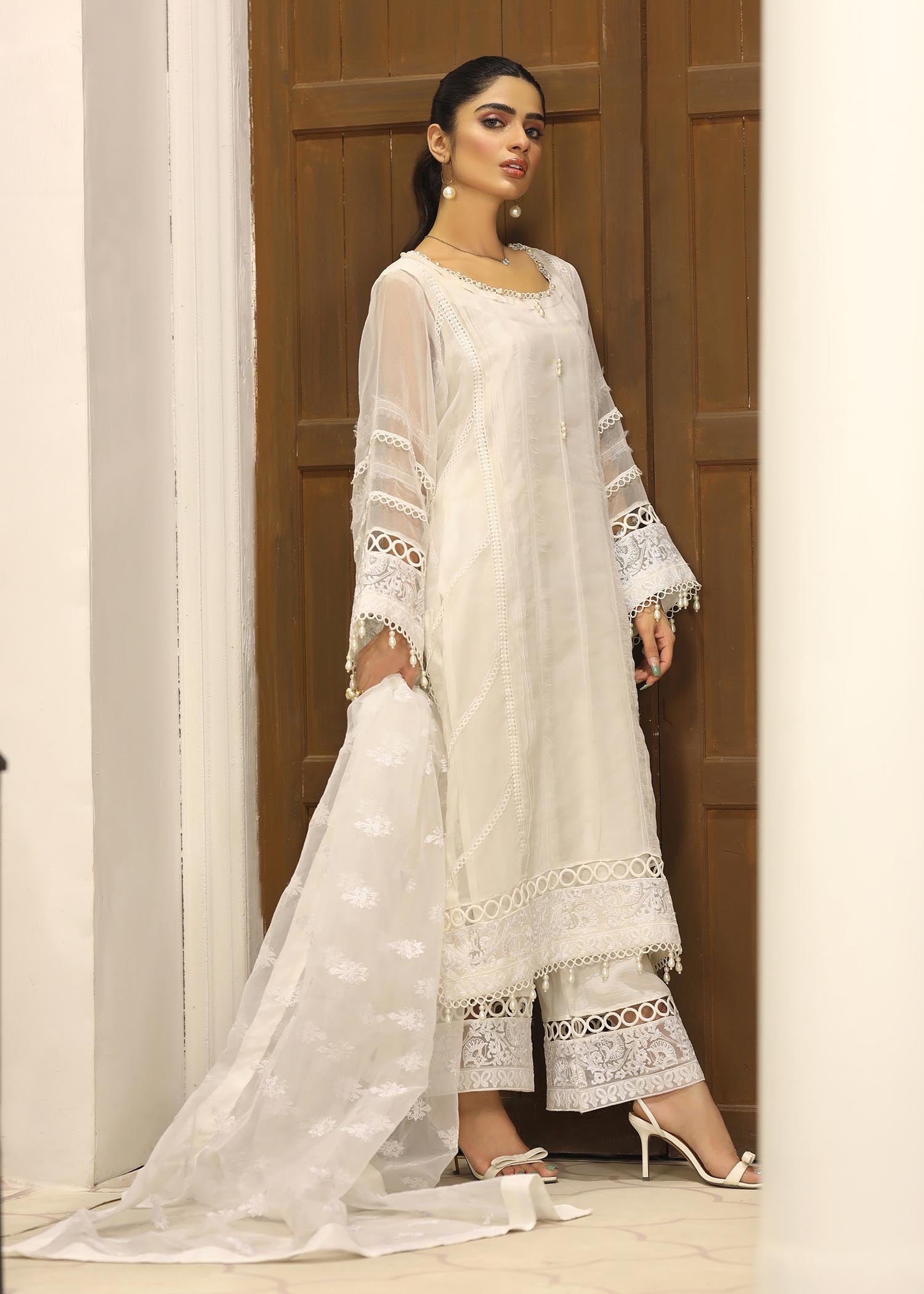 White Organza Embellished Partywear Suit Online in Sri Lanka India Australia