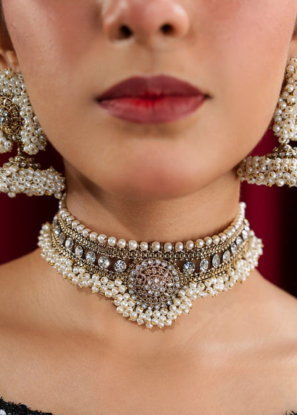 White Pearl Bridal Choker and Jhumki Set Online in Dubai DXB UAE Abudhabi Meena Bazaar