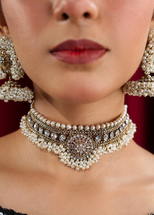 White Pearl Bridal Choker and Jhumki Set Online in Dubai DXB UAE Abudhabi Meena Bazaar
