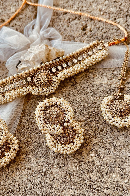 White Pearl Choker Set with Tikka and Jhumki Earrings Online in Dubai UAE Abudhabi Ajman Sharjah