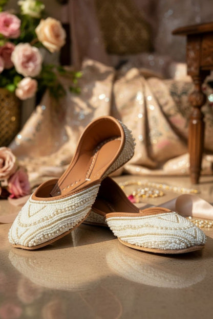White Pearl Embellished Leather Khussa Online in Dubai UAE Abudhabi Ajman Sharjah