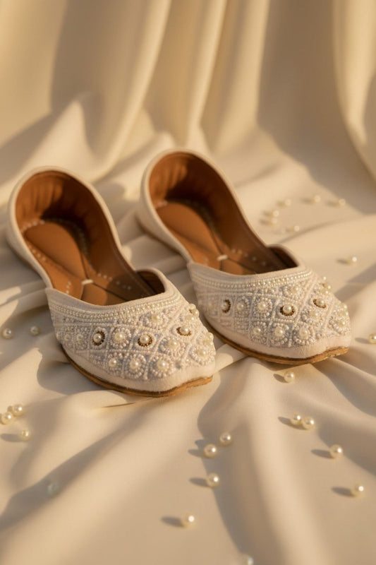 White Pearl Embellished Leather Khussa Online in Dubai UAE Abudhabi Ajman Sharjah