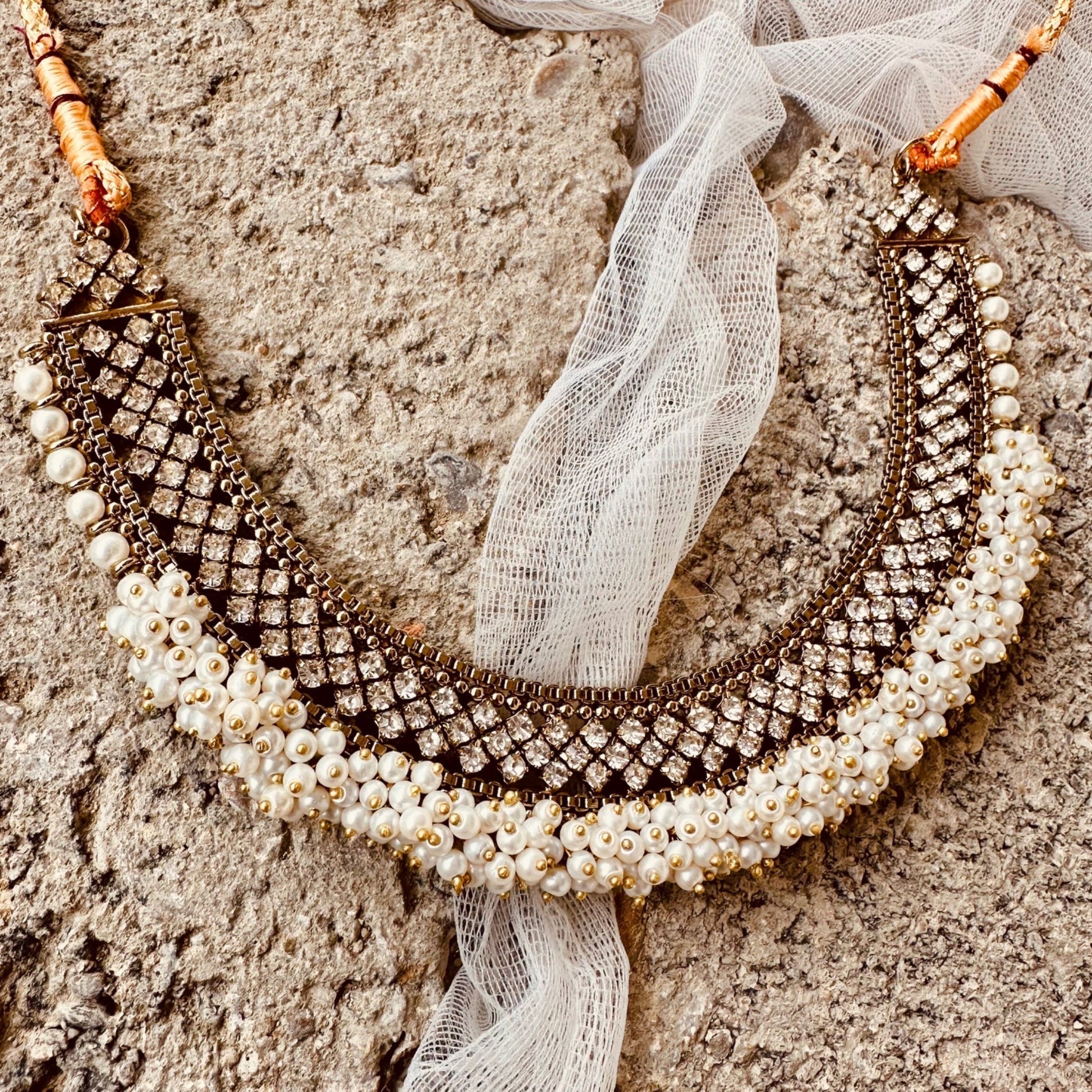 White Pearl Gajra Bridal Set with Adjustable Ring Online in Sri Lanka India Australia