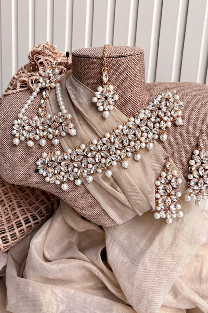 White Pearl Royale Choker Set with Earrings Tikka Jhumer Online in Dubai UAE Abudhabi Ajman Sharjah