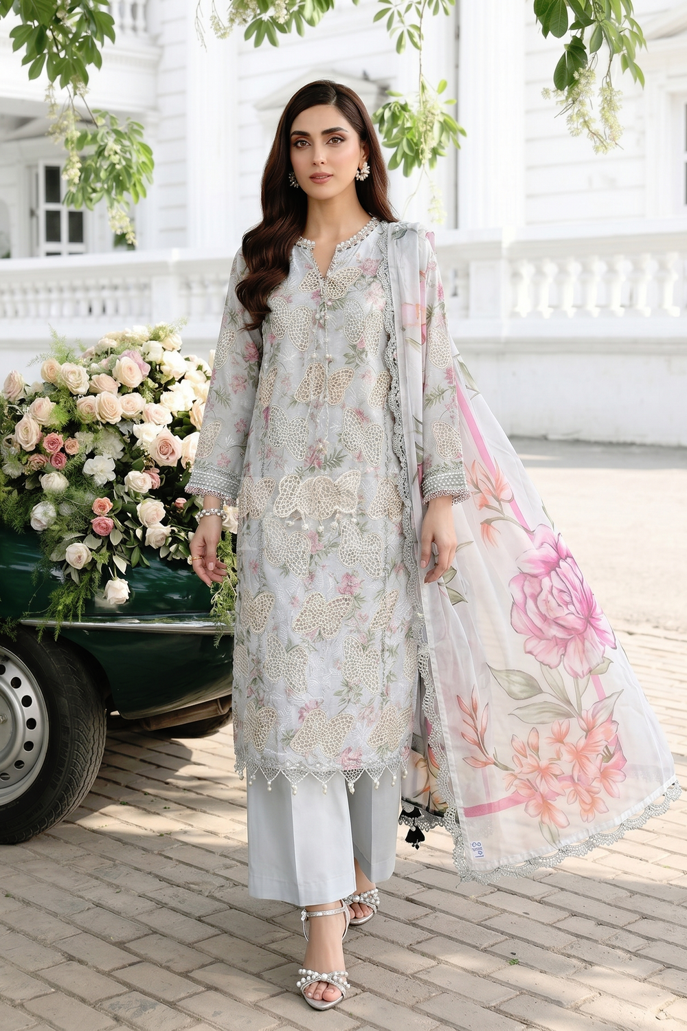 White Poly Lawn Ready to Wear Salwar Kameez Online in Dubai UAE Abudhabi Ajman Sharjah