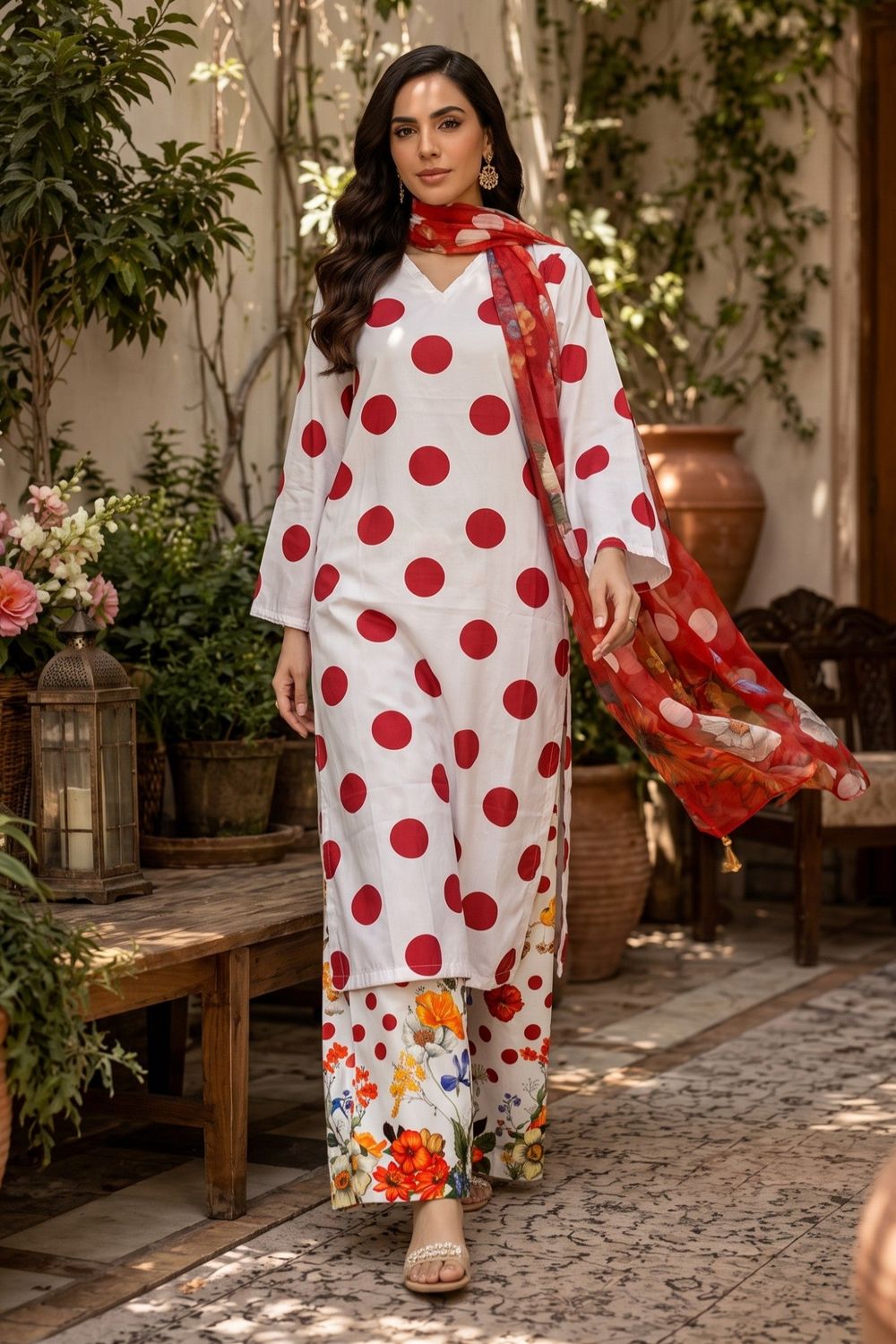 White Printed Poly Lawn Pakistani Suit Online in Dubai UAE Abudhabi Ajman Sharjah