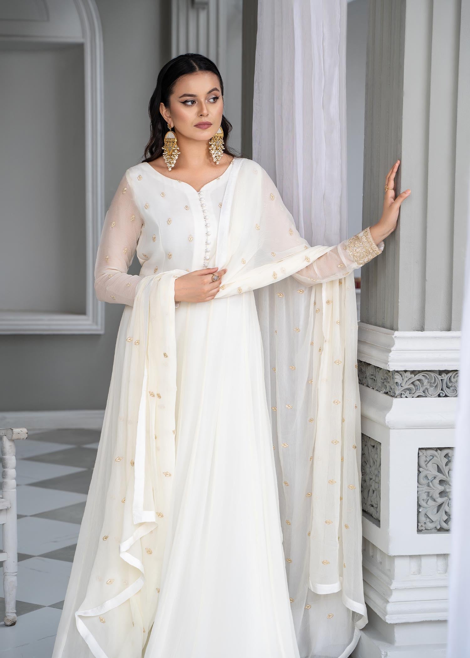 White Raw Silk Trouser Embroidered Chiffon Dupatta Online in Sri Lanka India Australia