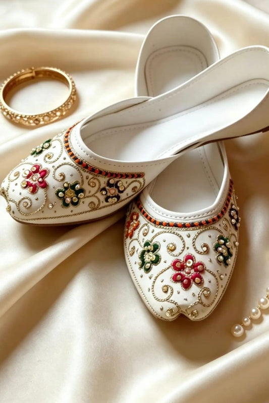 White Rexine Khussa Sandals for Women Online in Dubai UAE Abudhabi Ajman Sharjah