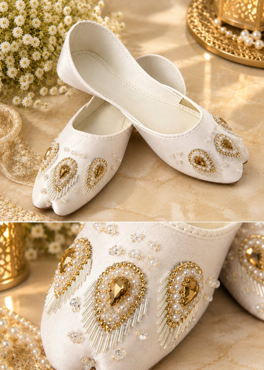 White Silk Embroidered Khussa for Women Online in UK USA Canada